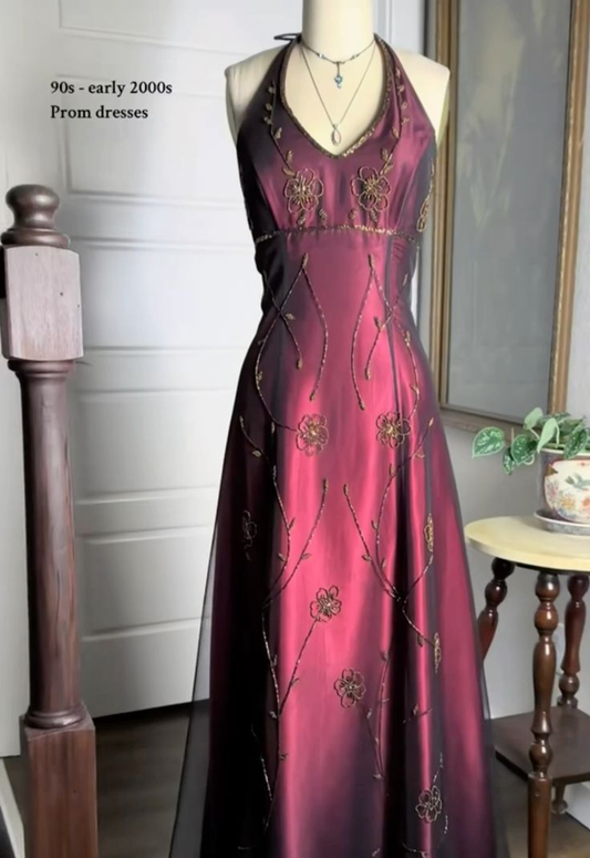 Vintage Fuchsia Halter-Neck A-Line Beaded Chiffon Long Prom Dresses Prom Gowns