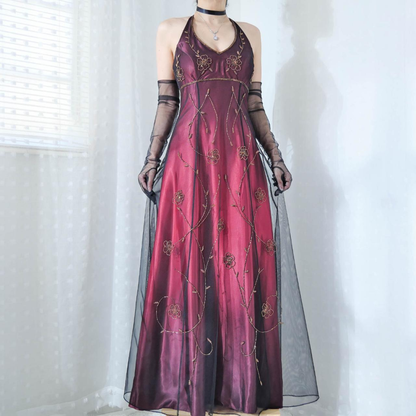 Vintage Fuchsia Halter-Neck A-Line Beaded Chiffon Long Prom Dresses Prom Gowns
