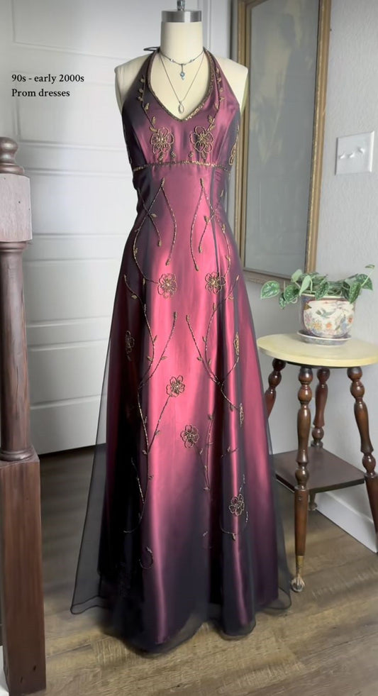 Vintage Fuchsia Halter-Neck A-Line Beaded Chiffon Long Prom Dresses Prom Gowns