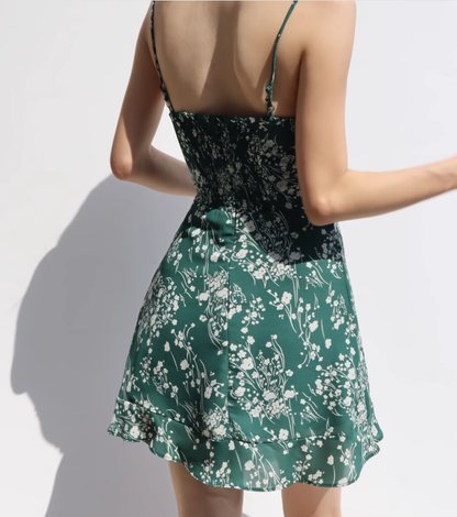 French retro green floral dress looks slim with ruffled edge suspender dress R2868