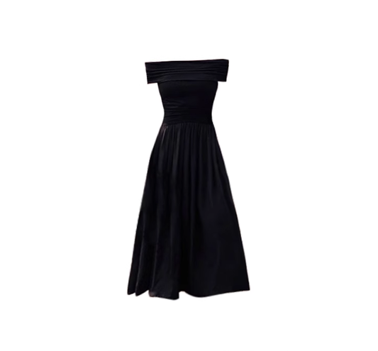 Black one-shoulder dress 2025 new style high-end temperament off-shoulder waist long dress R0128