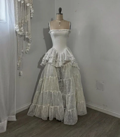 Retro Spaghetti Straps A-Line Lace Ruffles Vintage Wedding Dress Eveing Dress, D862