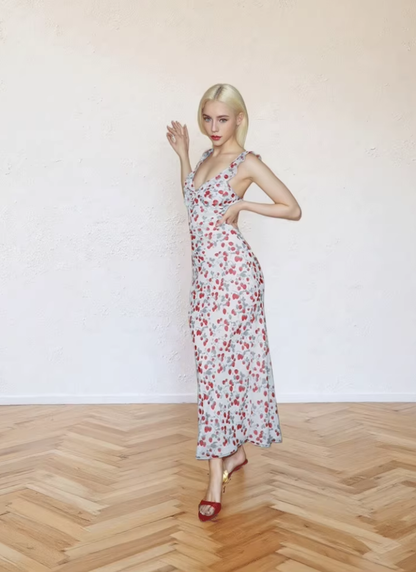 Dress Red Fruit Floral French V-neck Sleeveless Slim Fit Suspender Dress R2908