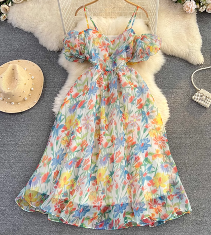 Beach vacation floral suspender skirt fashionable waist slim backless a-line printed chiffon dress R0331