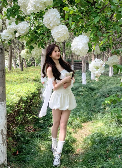 French white one shoulder dress set 2025 new beautiful and stunning fluffy flower bud skirt, homecoming dress R2990
