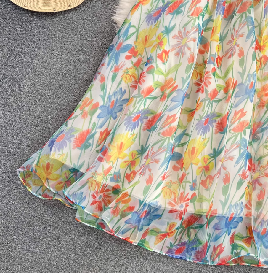 Beach vacation floral suspender skirt fashionable waist slim backless a-line printed chiffon dress R0331