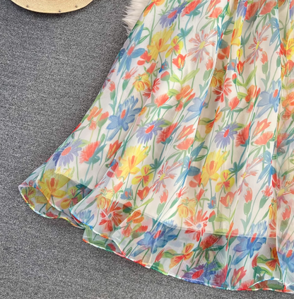 Beach vacation floral suspender skirt fashionable waist slim backless a-line printed chiffon dress R0331