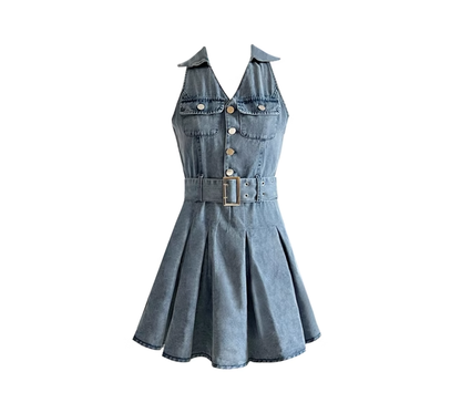 Denim skirt design halter neck skirt niche short small pleated skirt dress female summer hot girl R0098