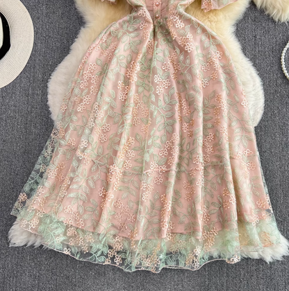 Light luxury heavy work stand collar embroidered lace waist slimming A-line dress long dress R0397