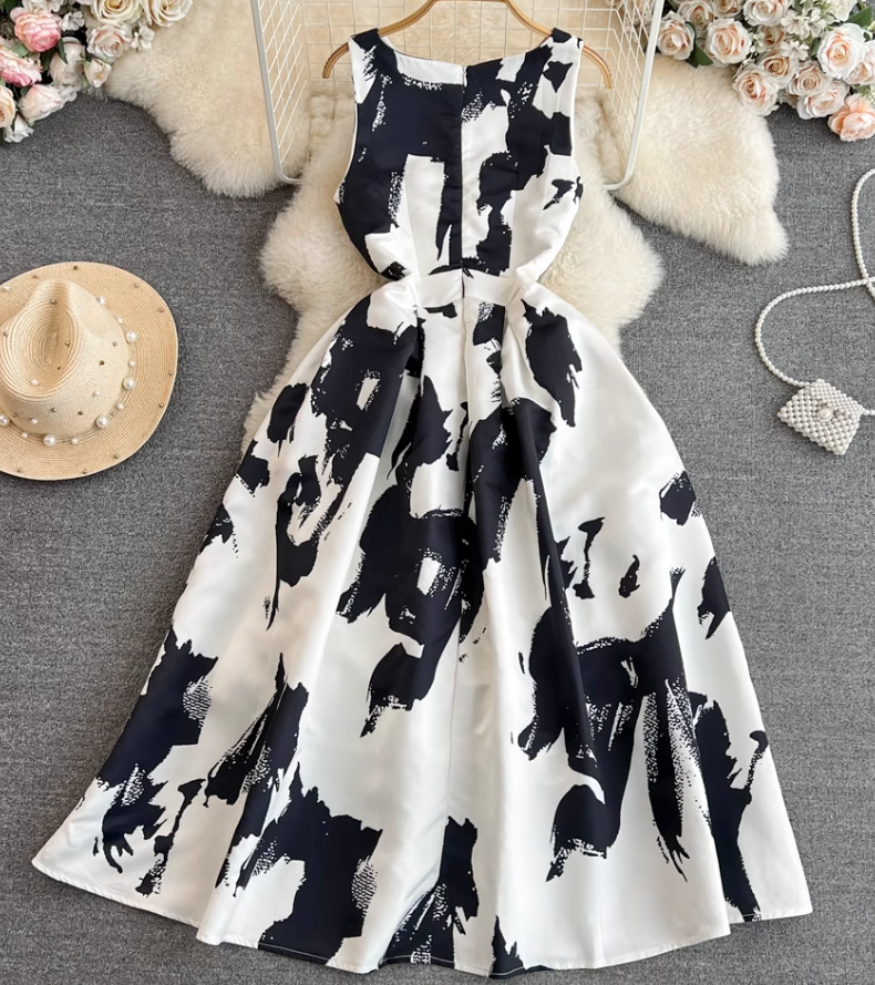Temperament vest long skirt light luxury round neck waist sleeveless a-line print big swing dress R0398