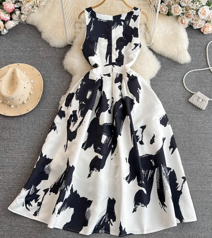 Temperament vest long skirt light luxury round neck waist sleeveless a-line print big swing dress R0398