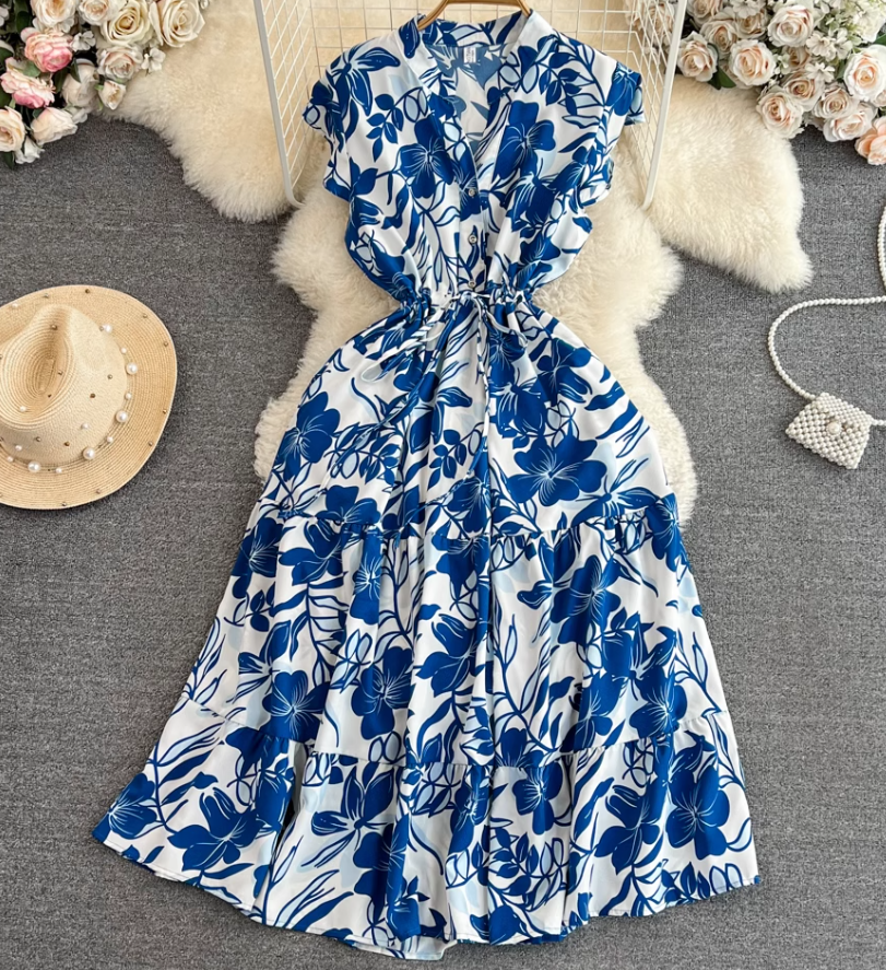 High-end, light luxury temperament flying sleeves V-neck waist slimming A-line ruffled printed dress R0353