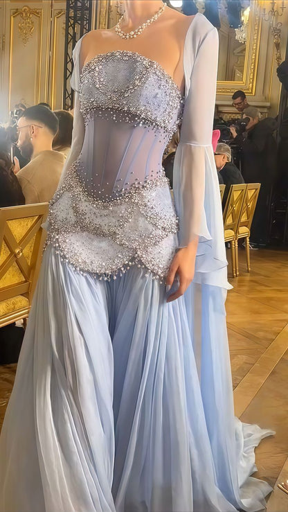 Pretty A Line Off The Shoulder Maxi Long Party Light Blue Chiffon Prom Dresses Evening Dress SD2395