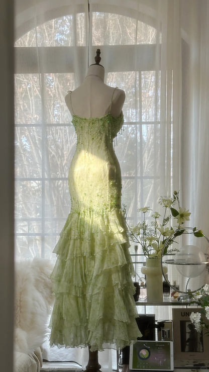 Elegant Green Fairy Mermaid Long Chiffon Spaghetti Strap Evening Dress Prom Dresses D1496
