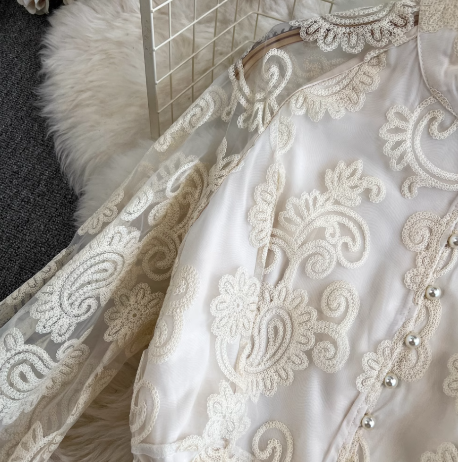 French elegant hollow embroidery dress Tutu skirt lace waist temperament fairy holiday style long skirt R0310