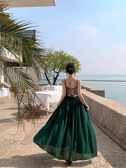Retro temperament suspender dress beautiful waist slit long skirt R0572