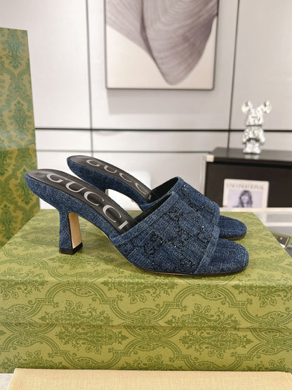 GG CRYSTALS HIGH SANDAL DENIM CANVAS