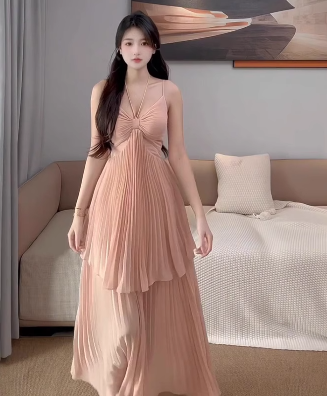 Gentle style pink halter neck suspender dress with beautiful atmosphere R0821