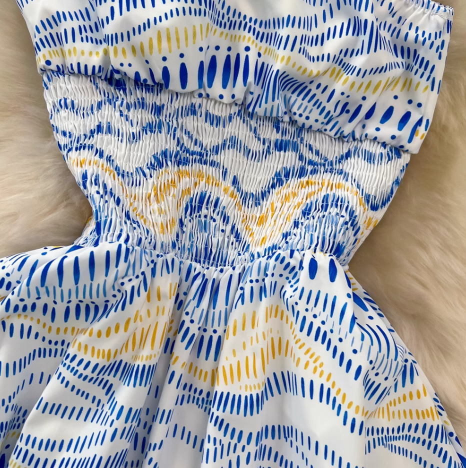 Light luxury temperament oblique collar off-shoulder waist A-line print large swing dress elegant long skirt R0393