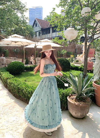 Blue long waist A-line suspender dress women's summer French temperament skirt R4870
