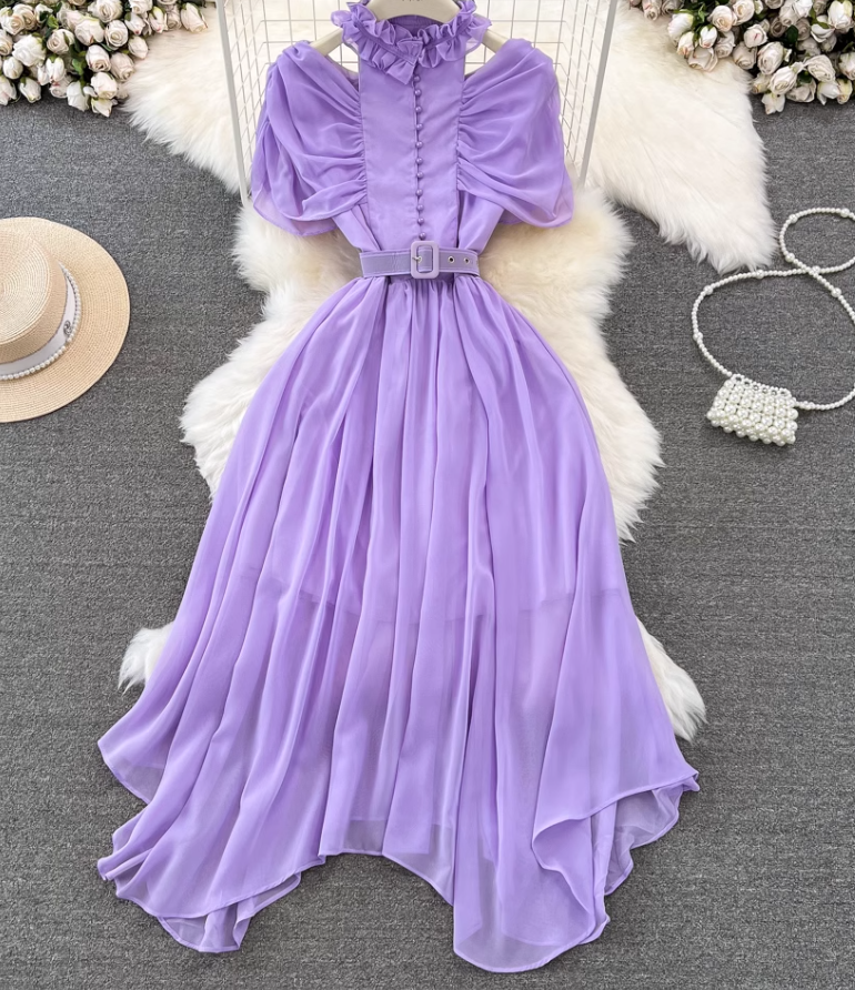 Light luxury temperament stand-up collar off-shoulder pleated waist A-line chiffon dress elegant long skirt R0374
