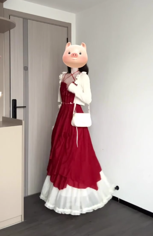 French retro red three-dimensional flower sling dress seaside holiday waist temperament long skirt R0428