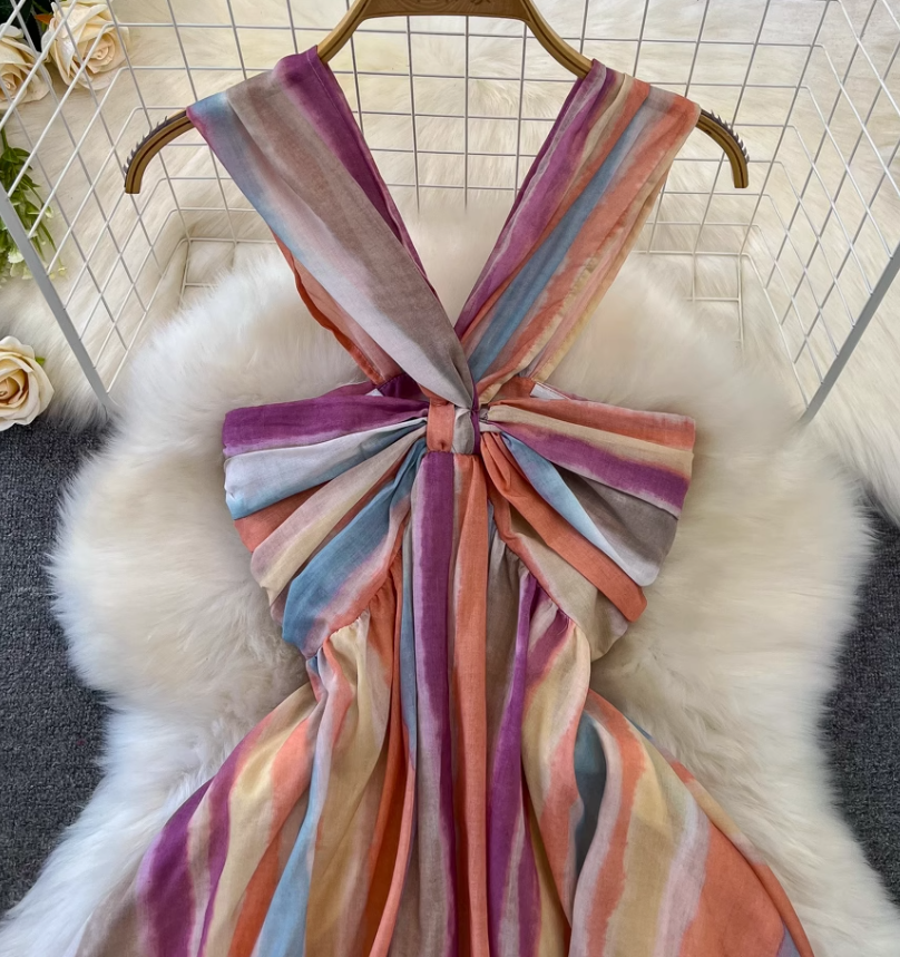 Dopamine wear rainbow stripes gradient halter neck long skirt V-neck waist A-line big swing dress R0377