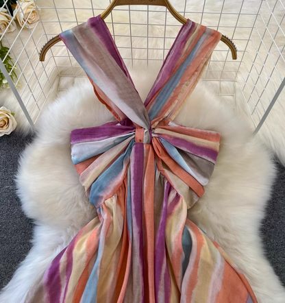 Dopamine wear rainbow stripes gradient halter neck long skirt V-neck waist A-line big swing dress R0377