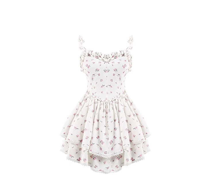Super fairy floral princess puffy skirt for petite girls with slim waist and lace hem suspender dress R0154