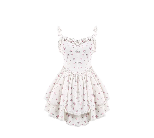 Super fairy floral princess puffy skirt for petite girls with slim waist and lace hem suspender dress R0154