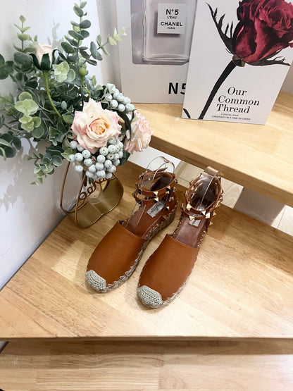 Valentino Rockstud Espadrille Sandals Brown Leather 240599