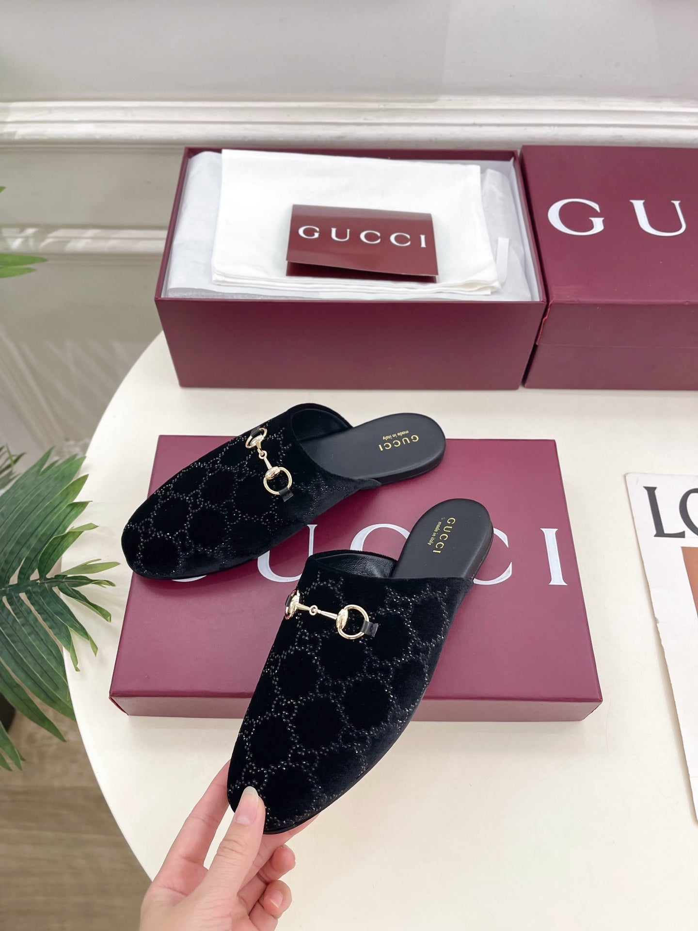 GG 26 Horsebit Flat Mules Rhinestones Black Velvet 587080