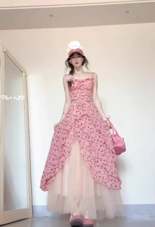 Tea break French pink suspender floral dress seaside vacation unique waist temperament long dress R0422