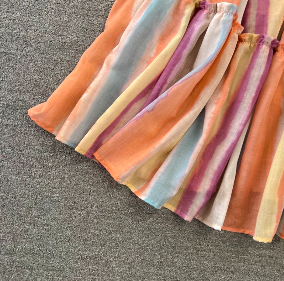 Dopamine wear rainbow stripes gradient halter neck long skirt V-neck waist A-line big swing dress R0377