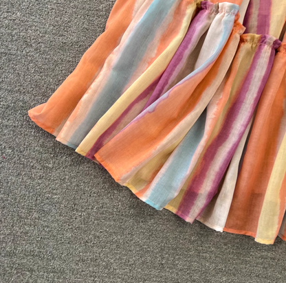 Dopamine wear rainbow stripes gradient halter neck long skirt V-neck waist A-line big swing dress R0377