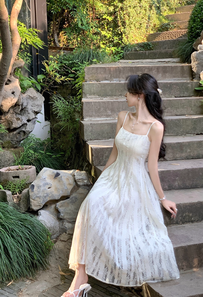 Romantic holiday style suspender dress summer hollow white lace temperament long skirt R4423