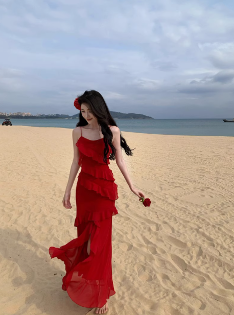 Bright red white suspender dress for women with ruffled slits for travel and holiday R0216