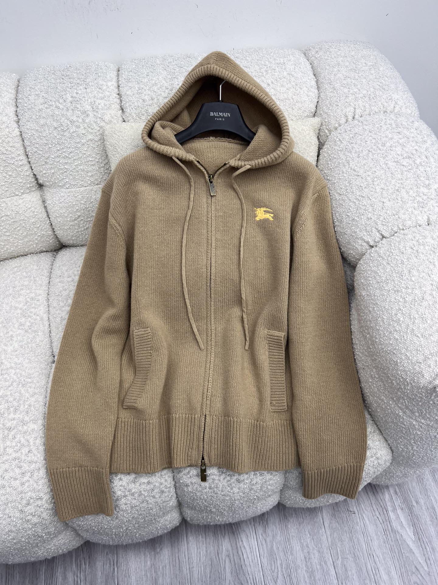 Burberry 25 Zipper-Up Hooded Knit Cardigan Beige Wool Cashmere