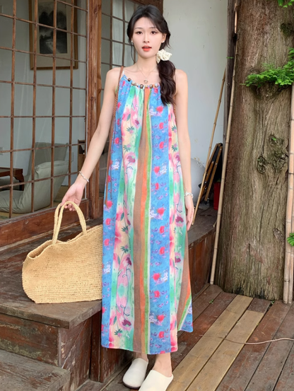 Retro oil painting style flower suspender dress holiday style tassel blouse slim long skirt suit R0204