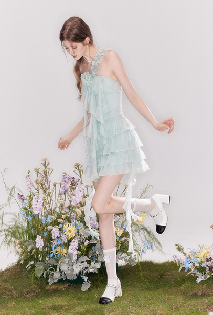 French ruffled one-shoulder dress atmosphere cake skirt R4536