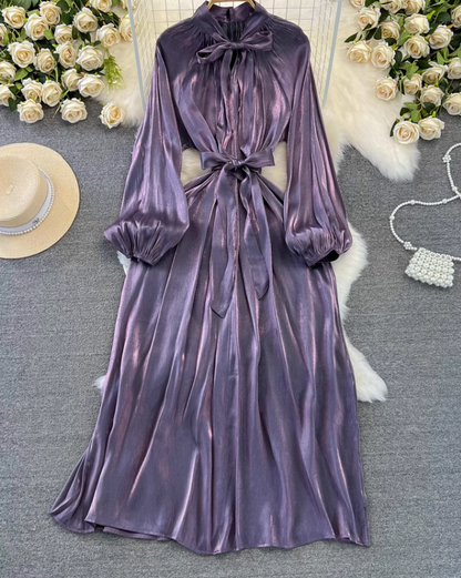 High-class lady temperament long-sleeved bow tie waist slimming A-line shiny sequin dress R0388