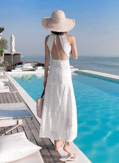 Travel photography vacation super fairy split dress new sexy backless halter neck lace beach dress R0191