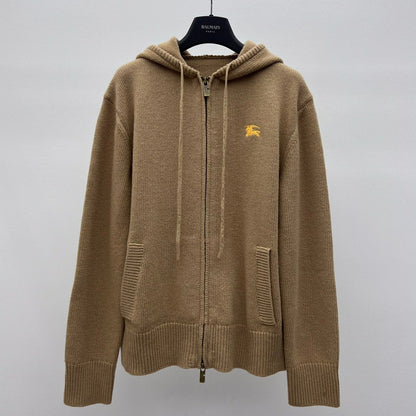 Burberry 25 Zipper-Up Hooded Knit Cardigan Beige Wool Cashmere