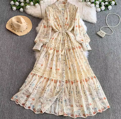Gentle style lady temperament stand collar dress new style embroidered lace waist slim long skirt R0312