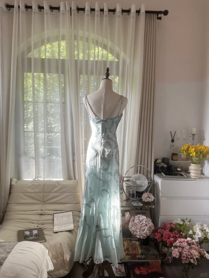 Retro Light Green Sparkling Beaded Spaghetti Strap Design Elegant Chiffon Evening Dress Prom Dress D1487