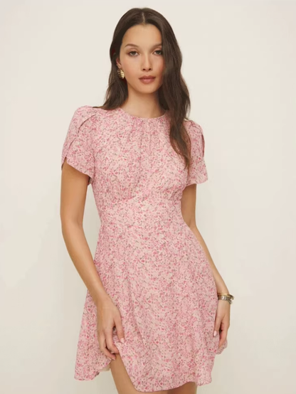 Dress Red Floral Chiffon French Style Retro Round Neck Slim Fit A-line Short Sleeve Dress R2929