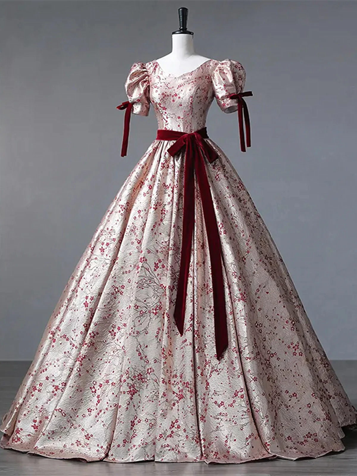 Floral Princess Gown with Burgundy Bows and Puff Sleeves Long Prom Dress Party Dress