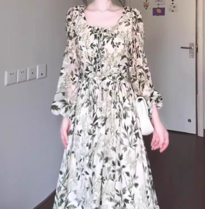 Green floral long-sleeved dress gentle temperament waist A-line long skirt R0707