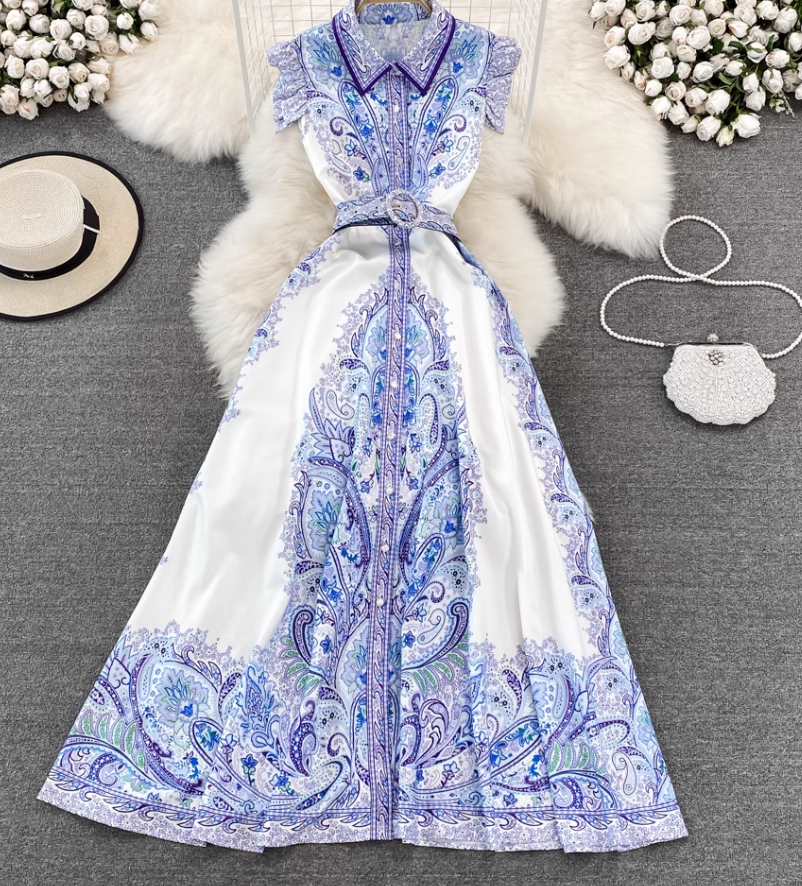 Retro palace style goddess style single-breasted lapel print dress elegant A-line long skirt R0361