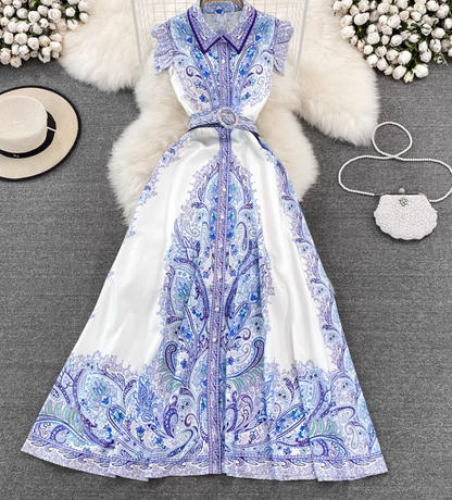 Retro palace style goddess style single-breasted lapel print dress elegant A-line long skirt R0361